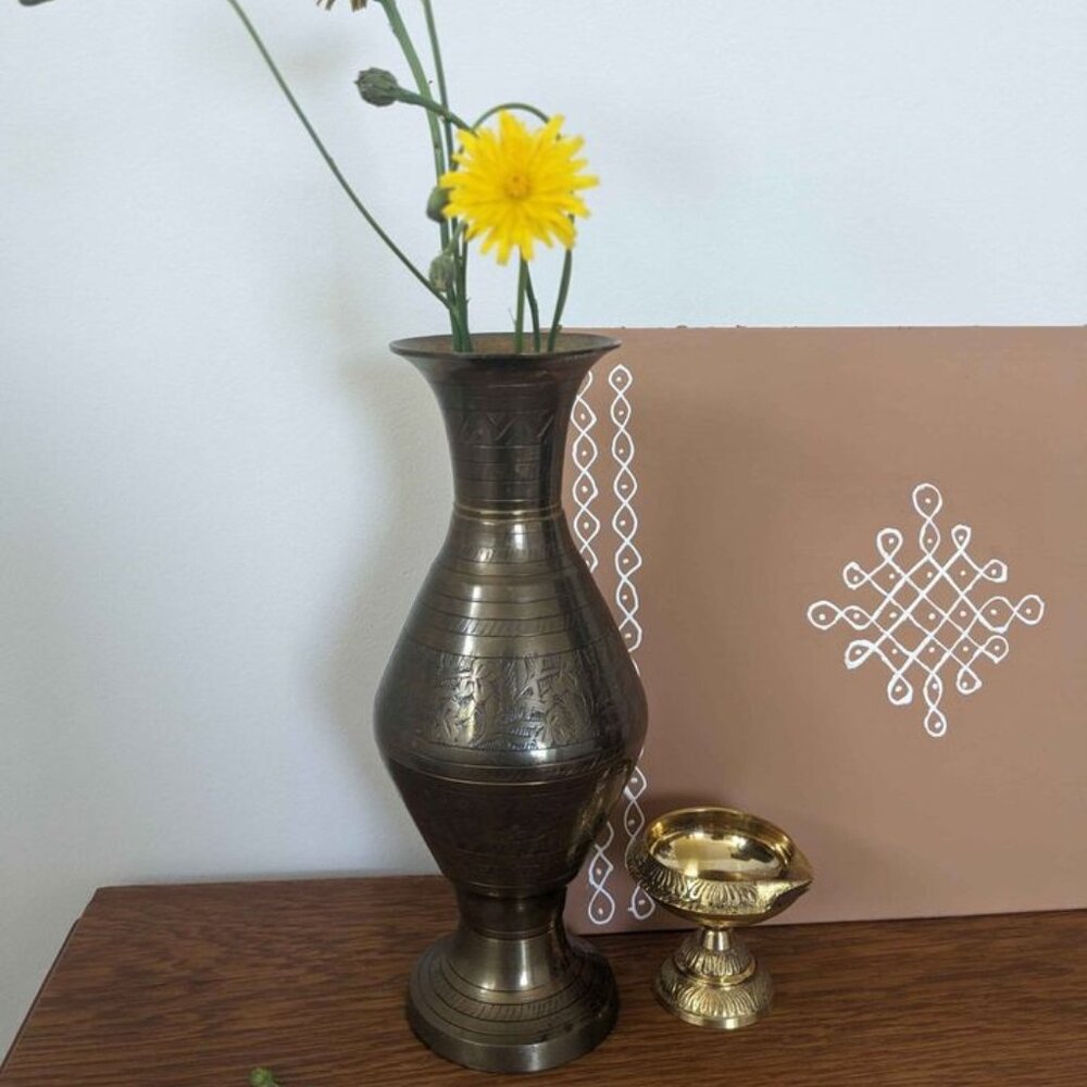 Brass Etched Bud Vase Floral Pattern Vintage
